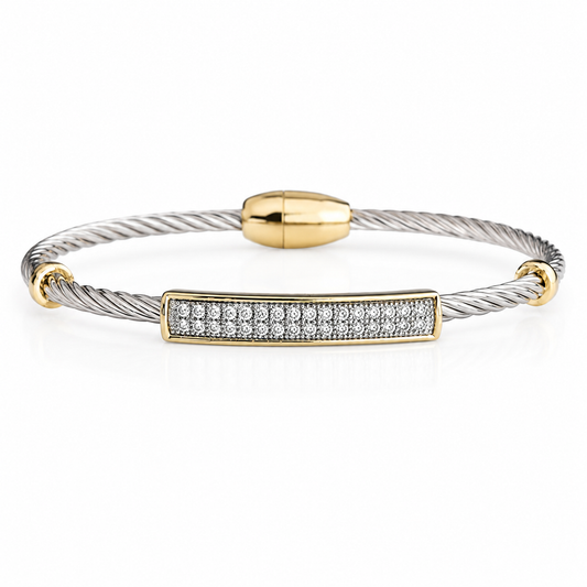 Two Tone CZ Pave Bar Wire Bracelet