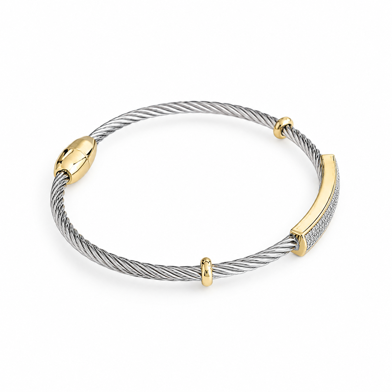 Two Tone CZ Pave Bar Wire Bracelet