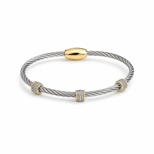 Two Tone CZ Pave Cable Station Bracelet