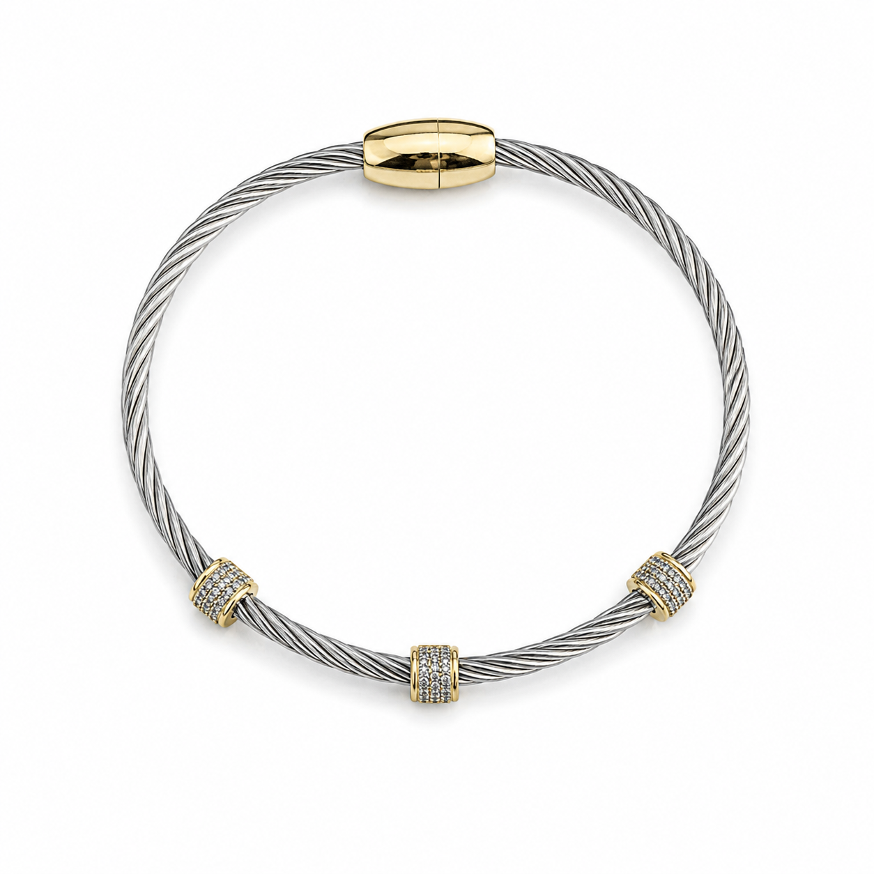 Two Tone CZ Pave Cable Station Bracelet