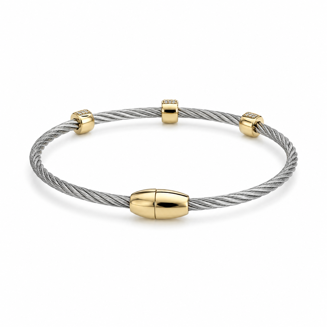 Two Tone CZ Pave Cable Station Bracelet
