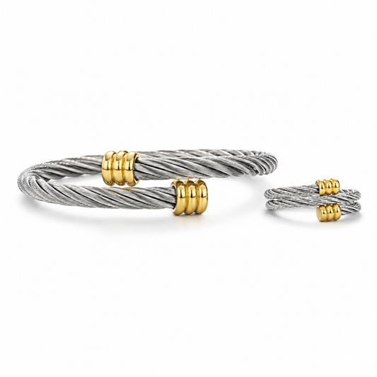 Two Tone Sleek Cable Bracelet and Ring Set