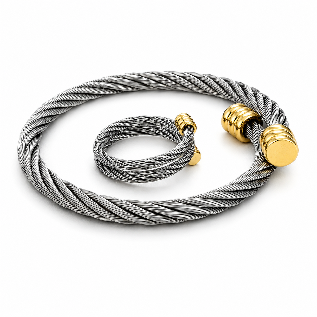 Two Tone Sleek Cable Bracelet and Ring Set