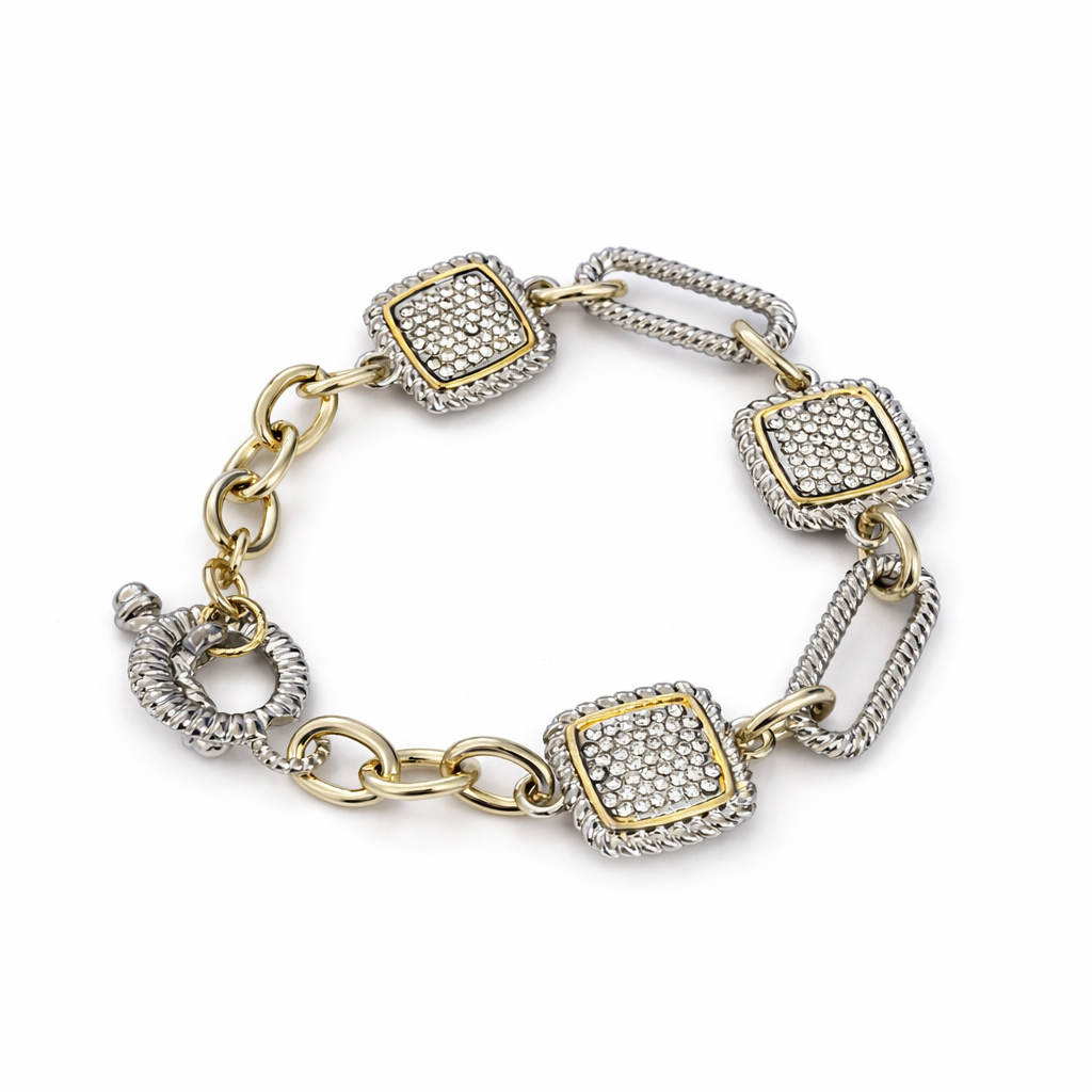 Two Tone CZ Pave Square Toggle Clasp Chain Bracelet
