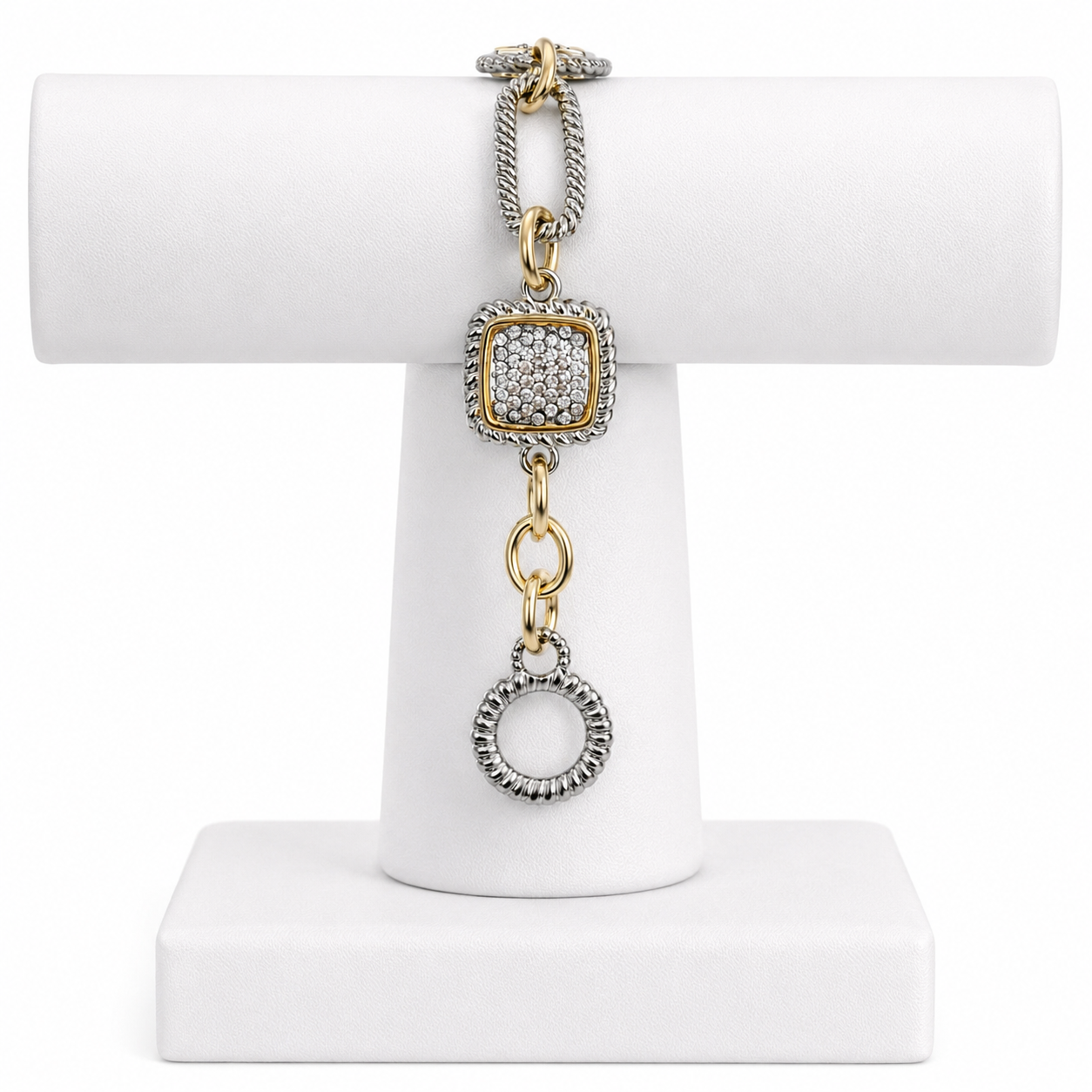 Two Tone CZ Pave Square Toggle Clasp Chain Bracelet