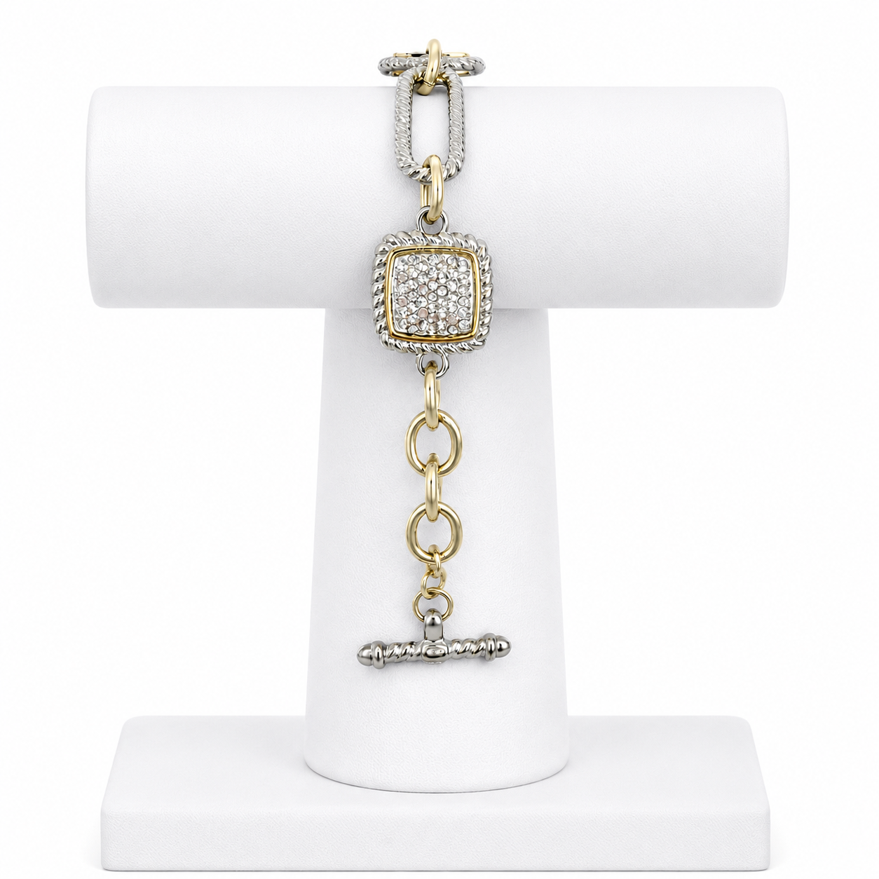 Two Tone CZ Pave Square Toggle Clasp Chain Bracelet