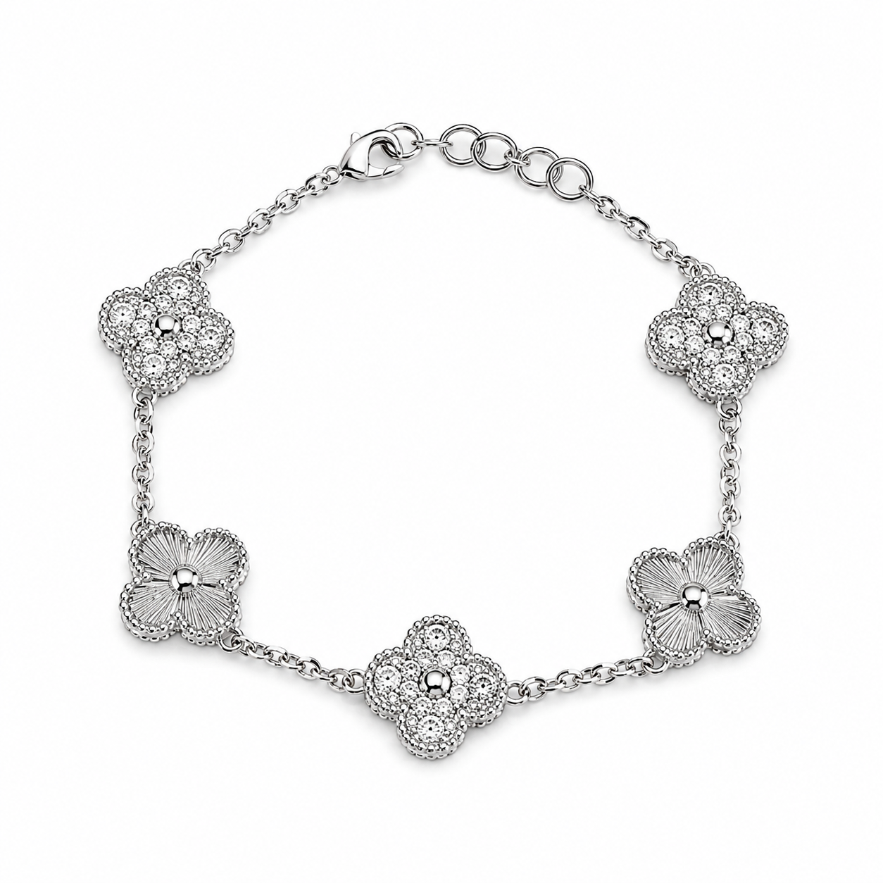 Silver Double Sided Quatrefoil Clover With Pave Bracelet
