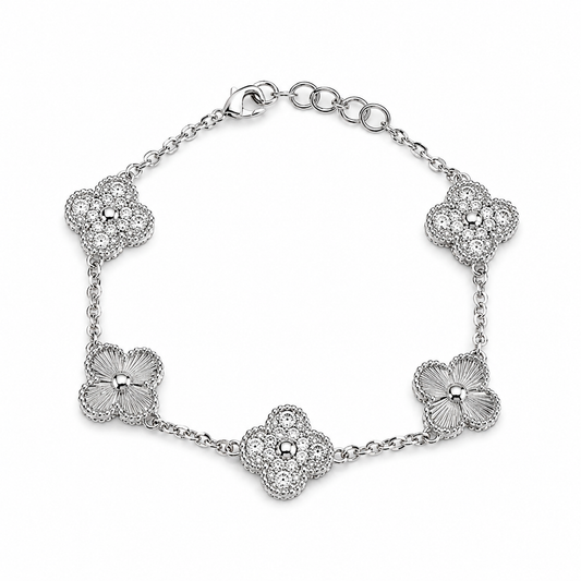 Silver Double Sided Quatrefoil Clover With Pave Bracelet
