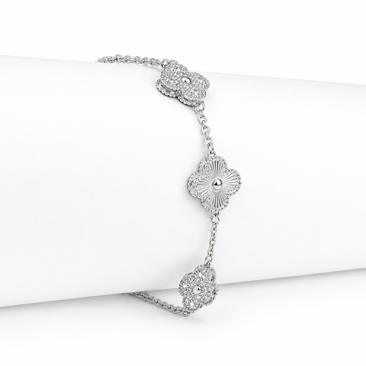 Silver Double Sided Quatrefoil Clover With Pave Bracelet