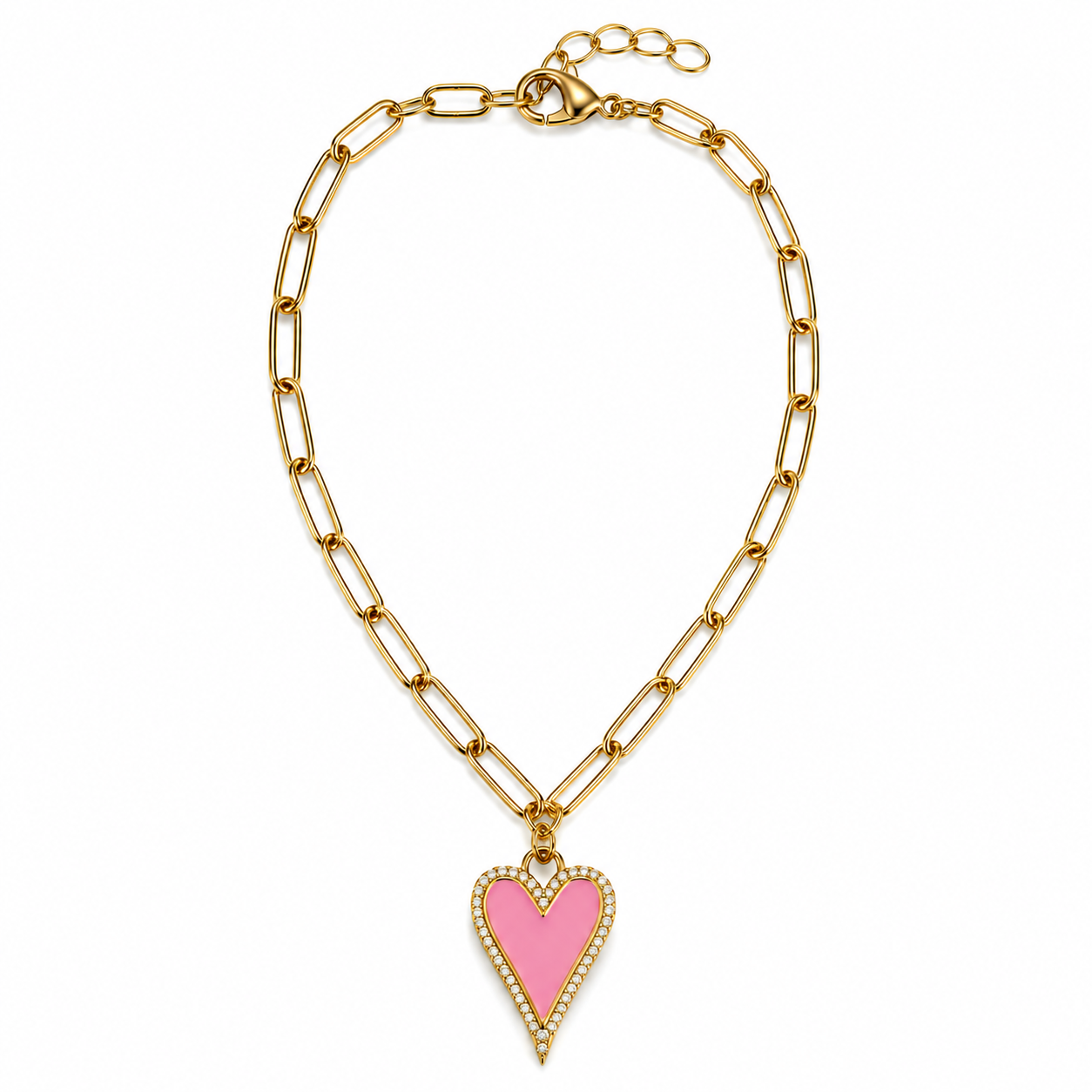 Gold and Pink Enamel Love Heart Charm Bracelet