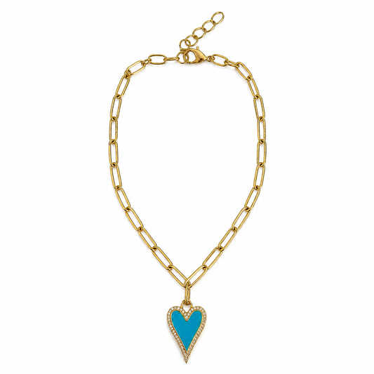 Gold and Turquoise Enamel Love Heart Charm Bracelet
