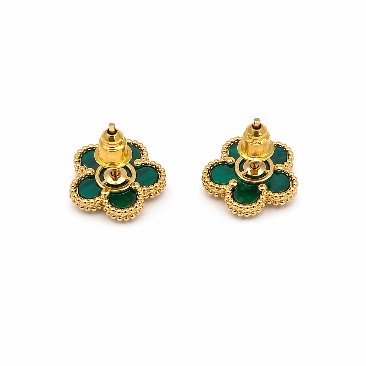 Pendientes de flor en oro y malaquita verde