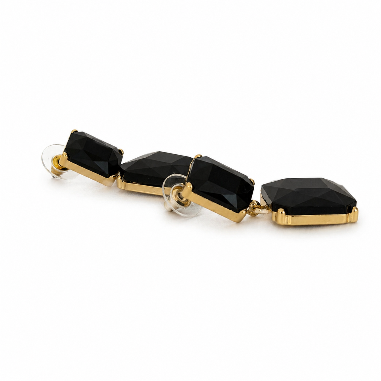 Gold Black Onyx Square Cubic Zirconia Dangle Earrings