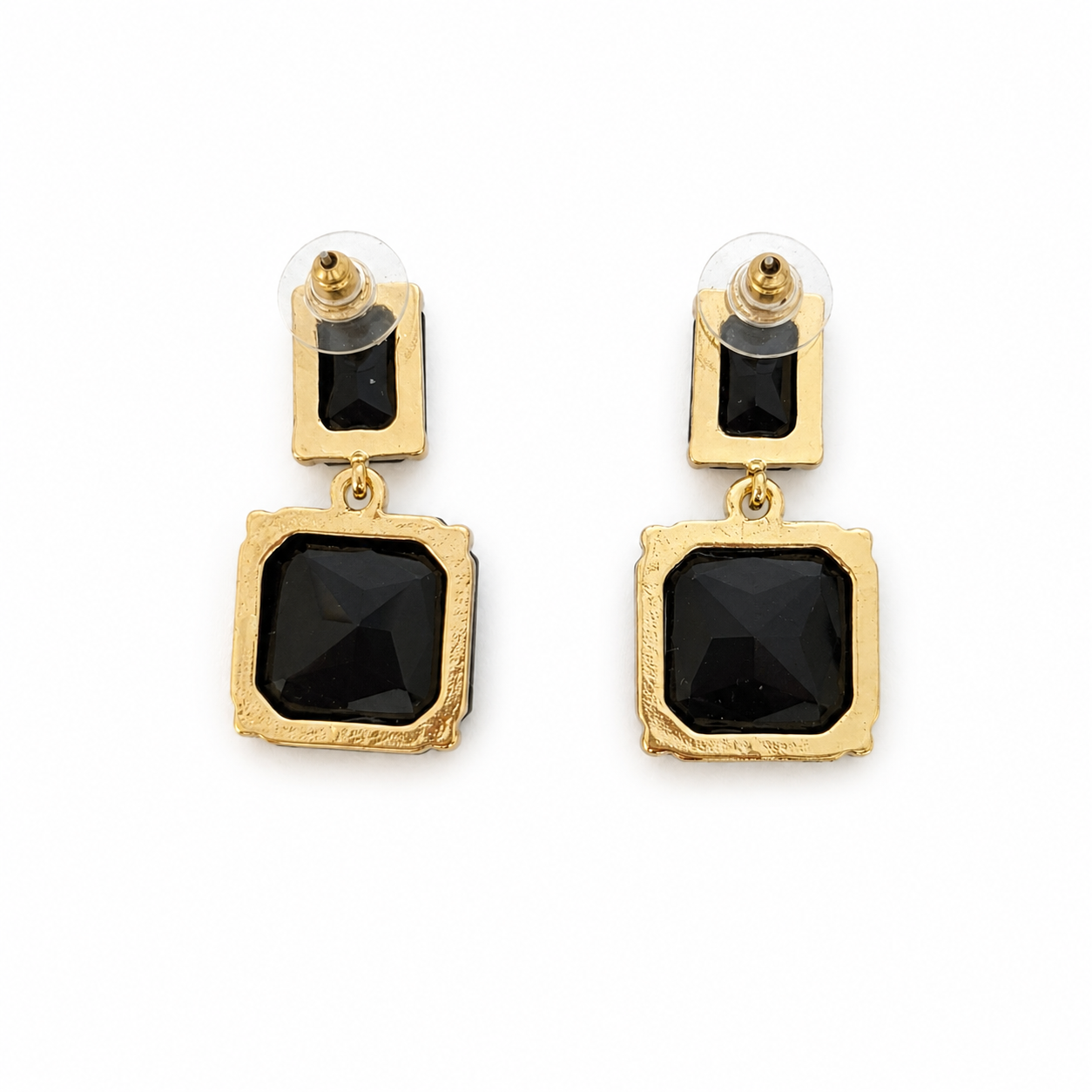 Gold Black Onyx Square Cubic Zirconia Dangle Earrings