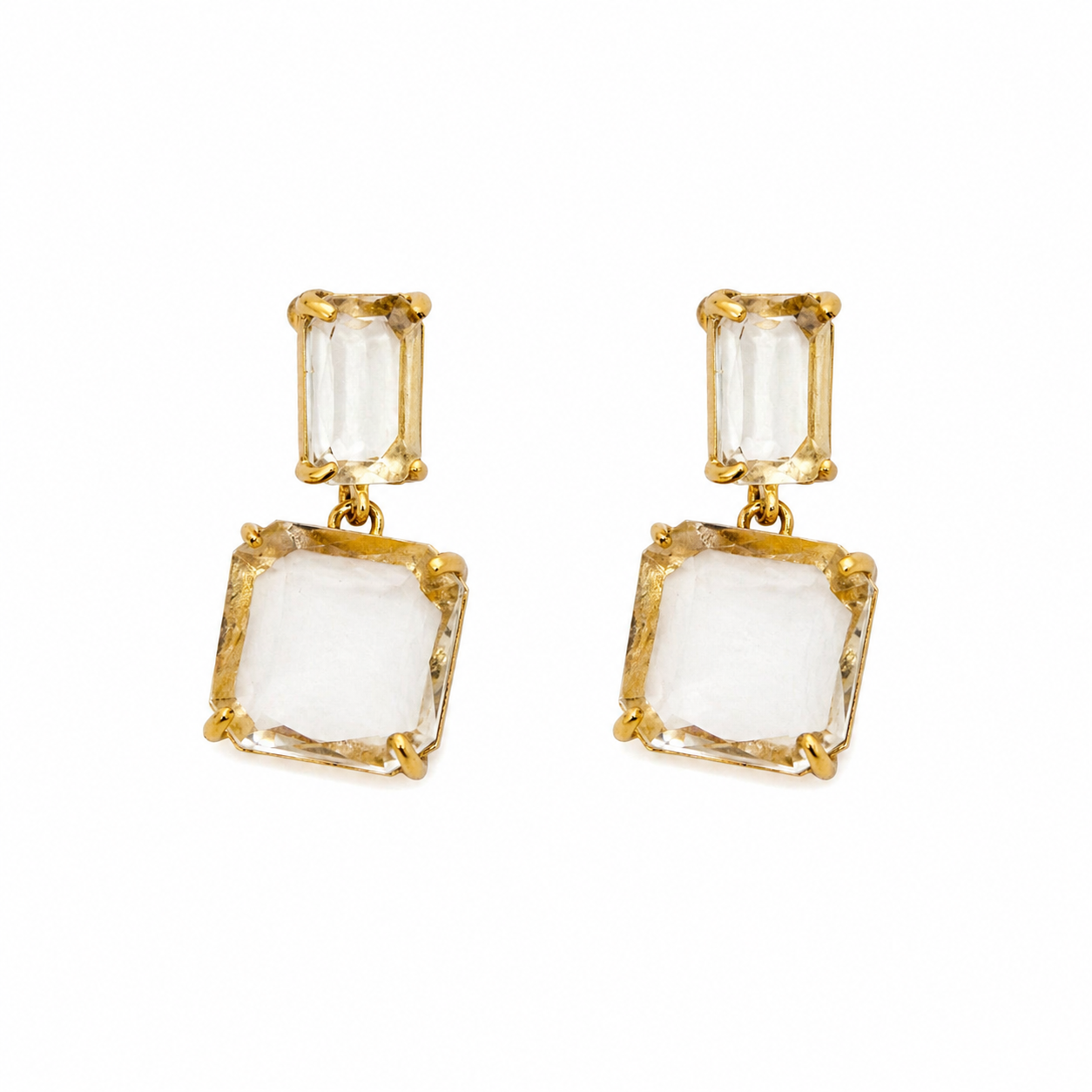 Gold Clear Square Cubic Zirconia Dangle Earrings