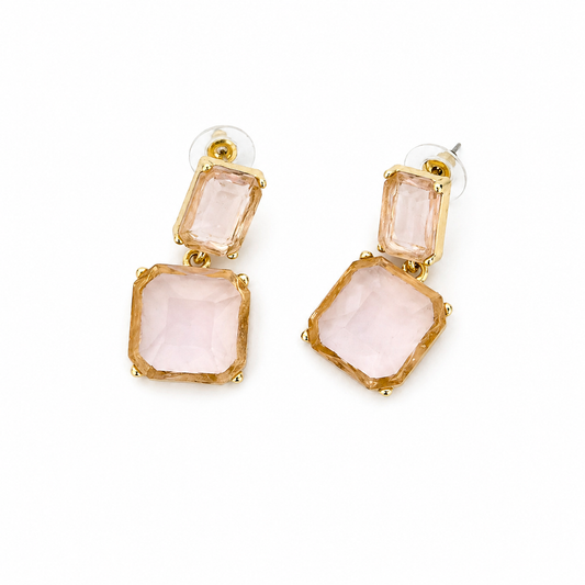 Gold Pink Square Cubic Zirconia Dangle Earrings
