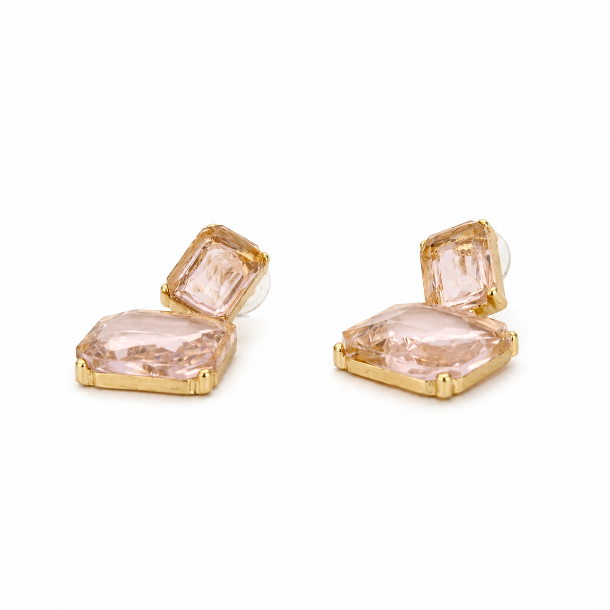 Gold Pink Square Cubic Zirconia Dangle Earrings