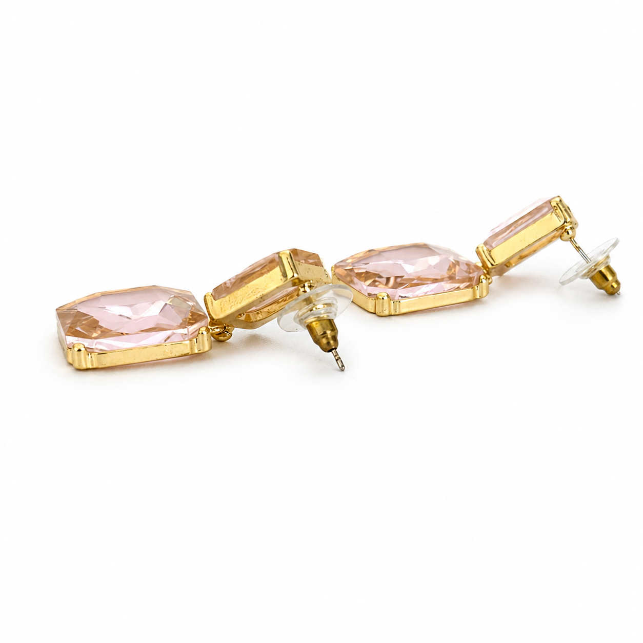 Gold Pink Square Cubic Zirconia Dangle Earrings