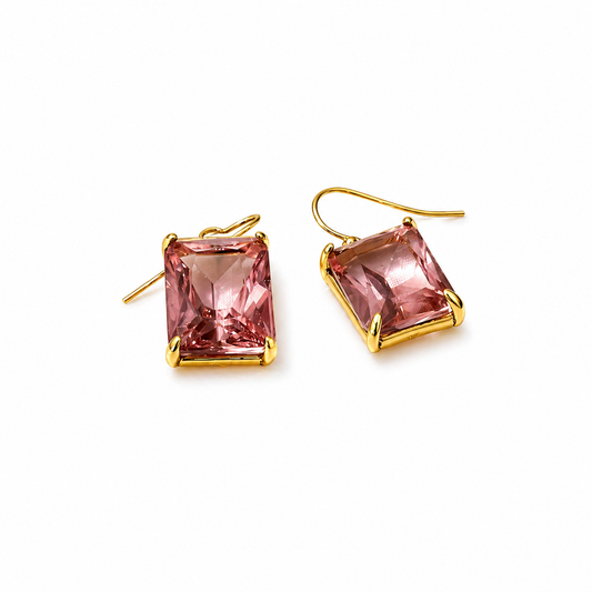Gold Pink Rectangle Cubic Zirconia Dangle Earrings