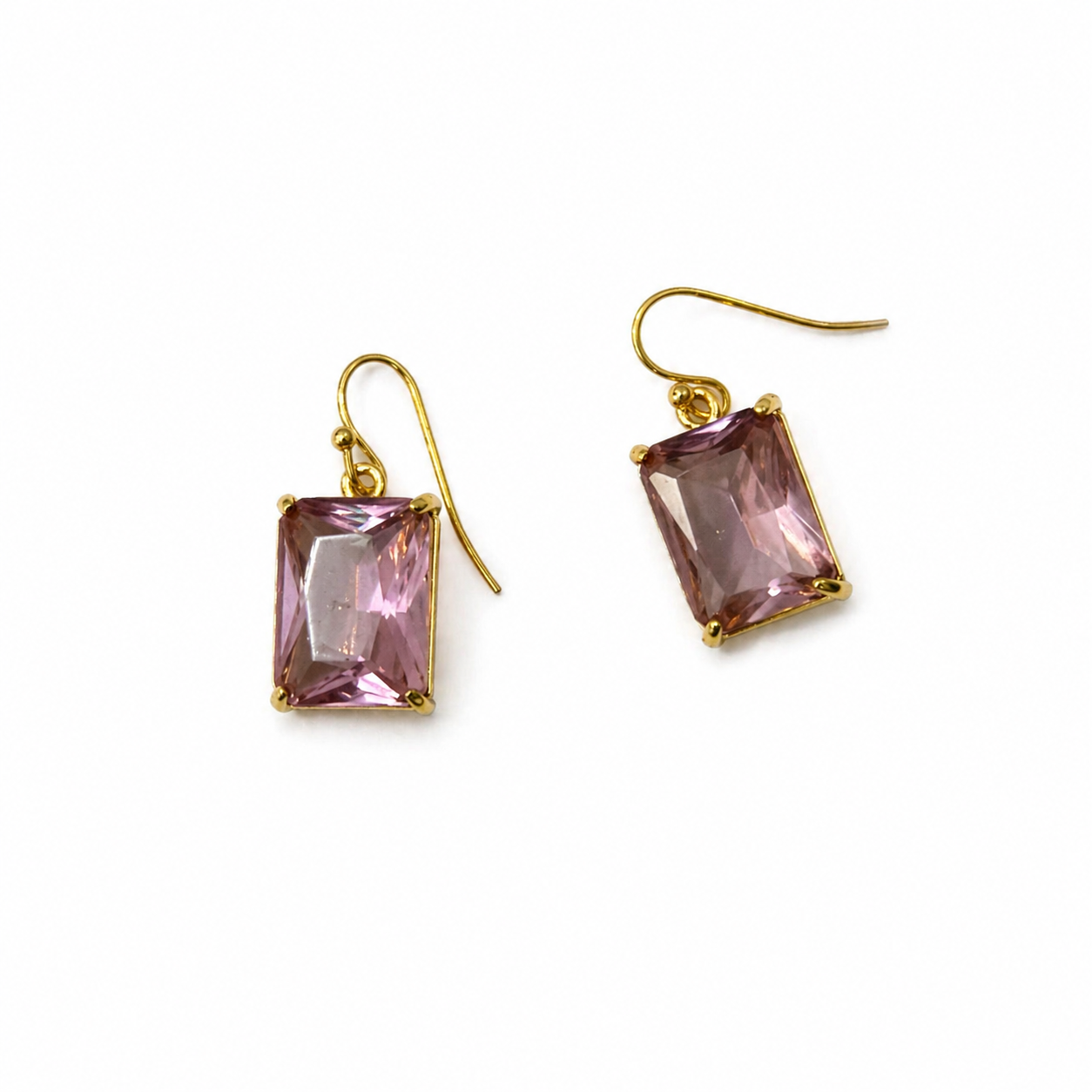 Gold Pink Rectangle Cubic Zirconia Dangle Earrings