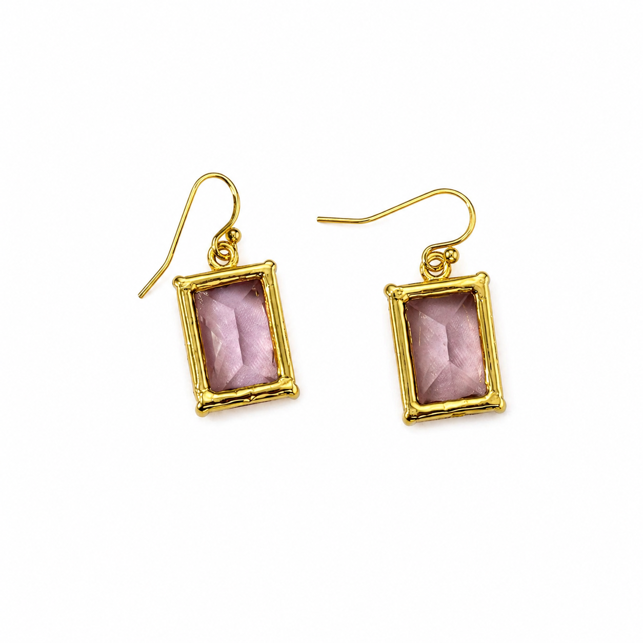 Gold Pink Rectangle Cubic Zirconia Dangle Earrings