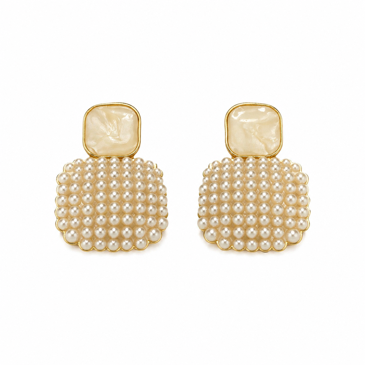 Pearl White Square Pendant Drop Stud Earrings