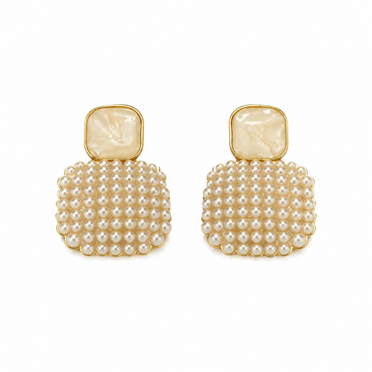 Pearl White Square Pendant Drop Stud Earrings