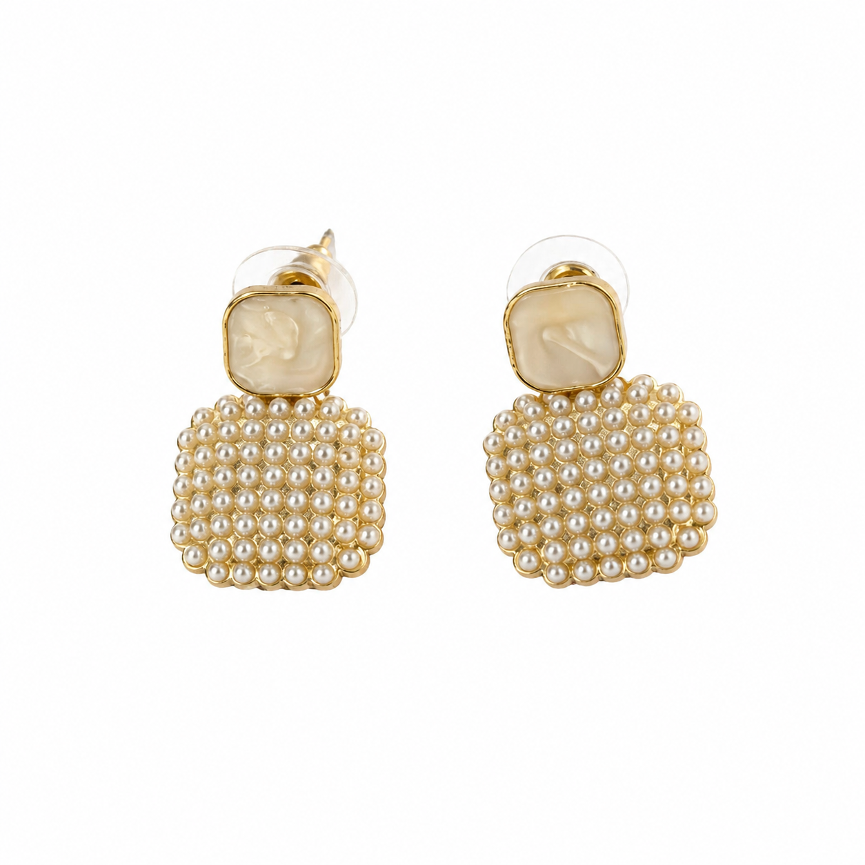 Pearl White Square Pendant Drop Stud Earrings