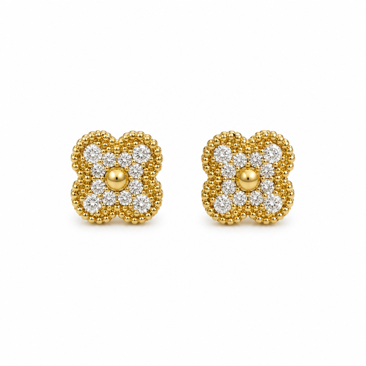 Gold Pave Four Leaf Clover Flower Earrings
