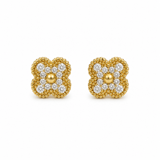 Gold Pave Four Leaf Clover Flower Earrings