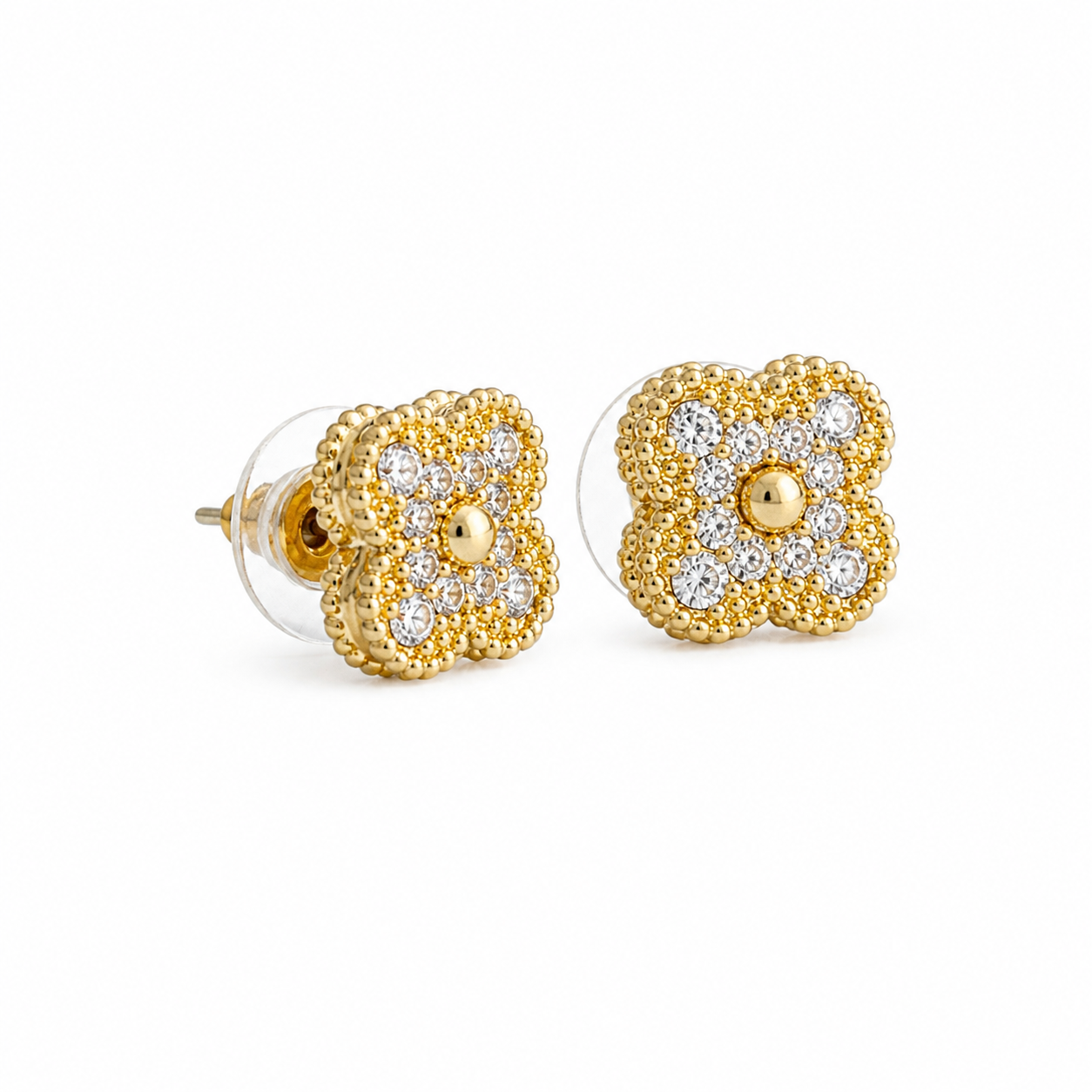 Gold Pave Four Leaf Clover Flower Earrings