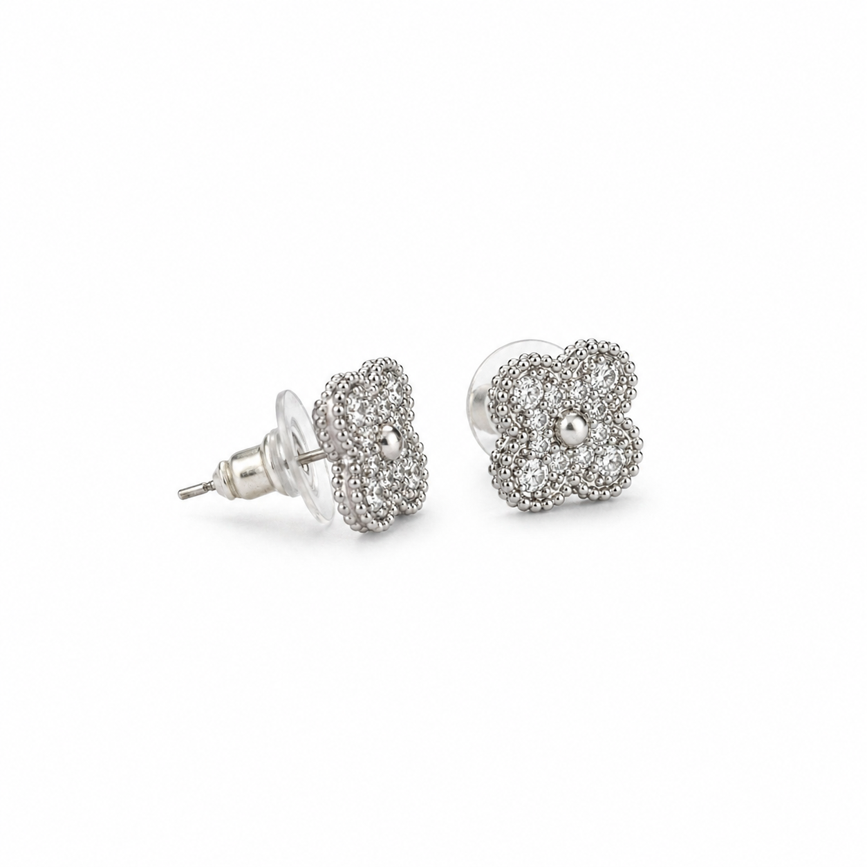 Silver Pave Four Leaf Clover Flower Earrings