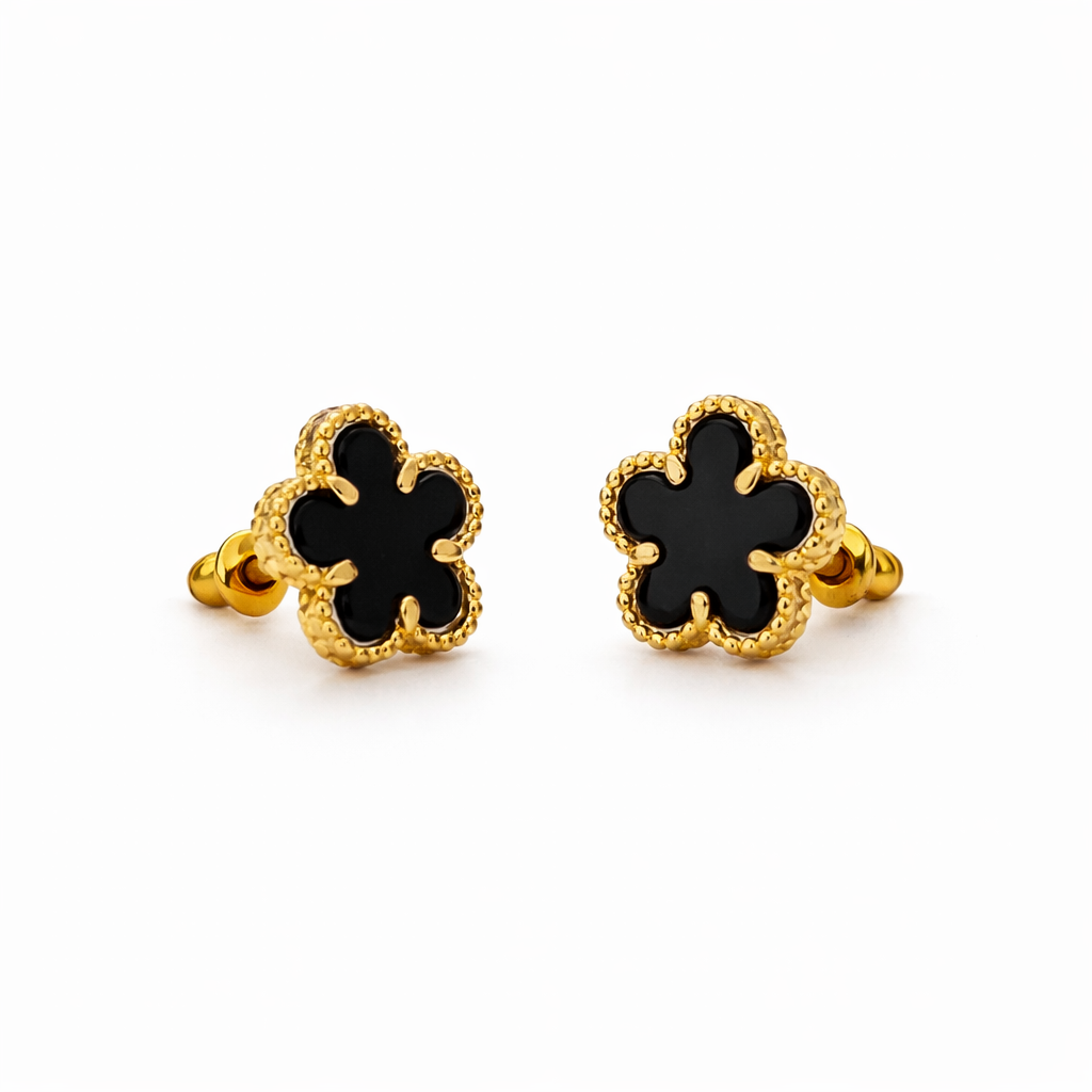 Gold  Flower Onyx Earrings
