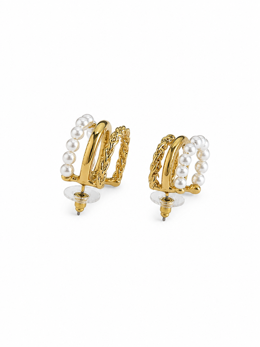 Gold Triple Hoop Pearl Earrings