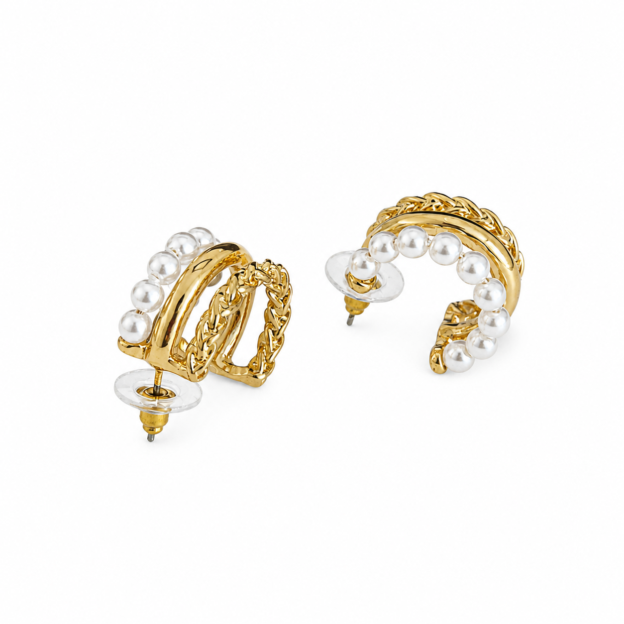 Gold Triple Hoop Pearl Earrings