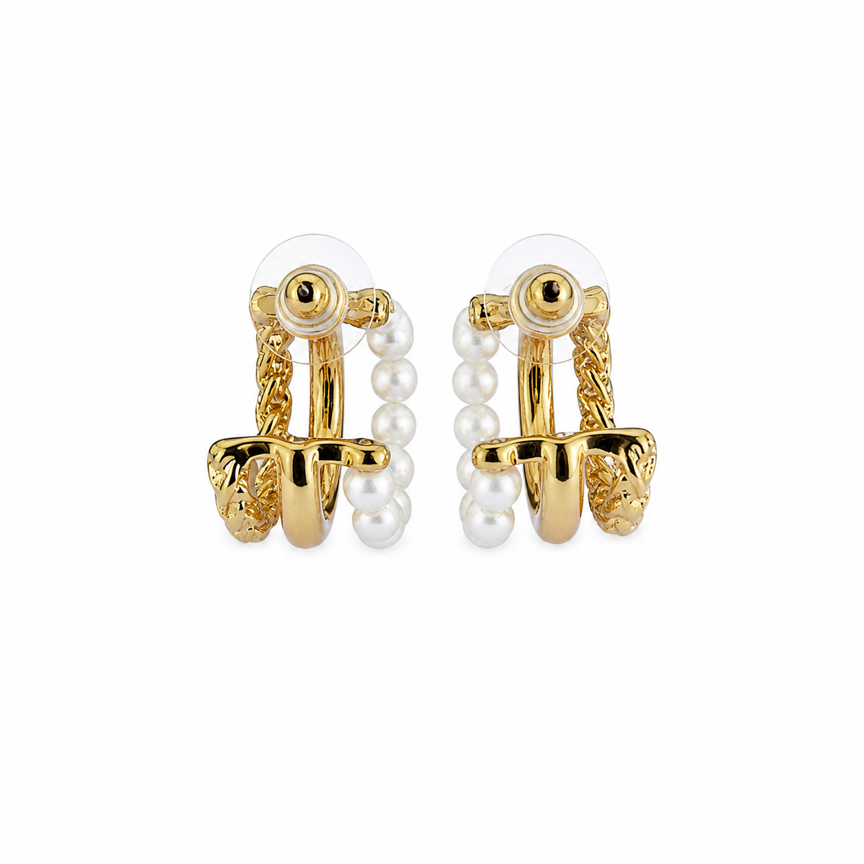 Gold Triple Hoop Pearl Earrings
