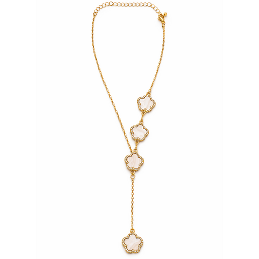 Gold and Mother of Pearl Clover Station Necklace With Drop