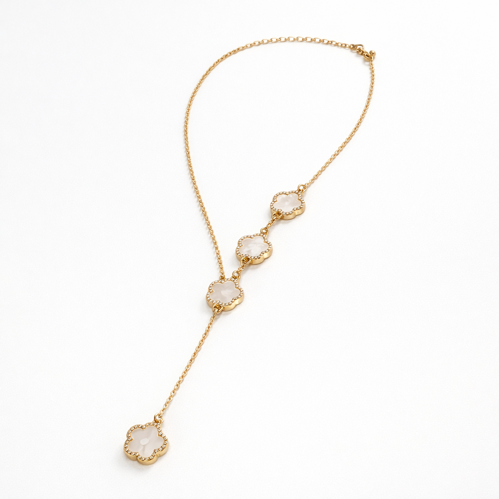Gold and Mother of Pearl Clover Station Necklace With Drop