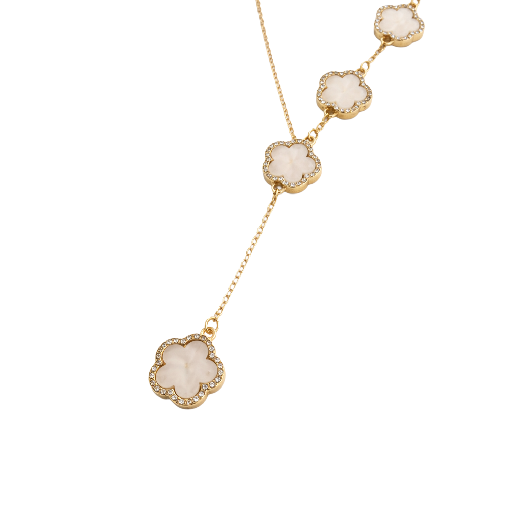Gold and Mother of Pearl Clover Station Necklace With Drop