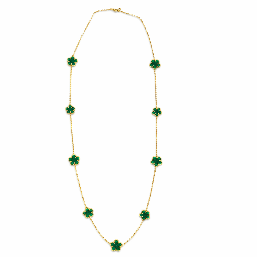 Malachite Green Clover Station Necklace In Gold Tone
