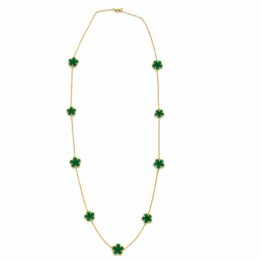 Malachite Green Clover Station Necklace In Gold Tone