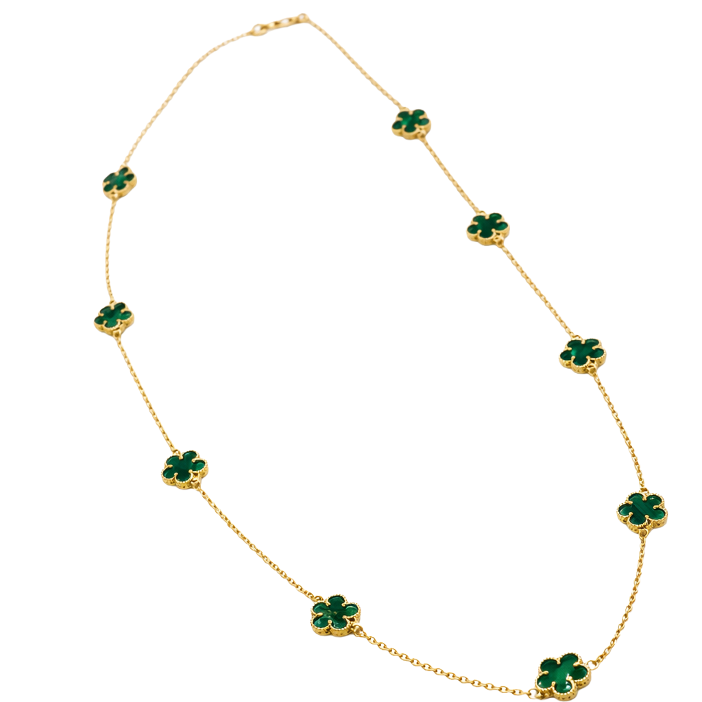 Malachite Green Clover Station Necklace In Gold Tone