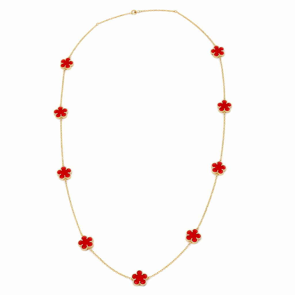 Carnelian Red Clover Station Necklace In Gold Tone