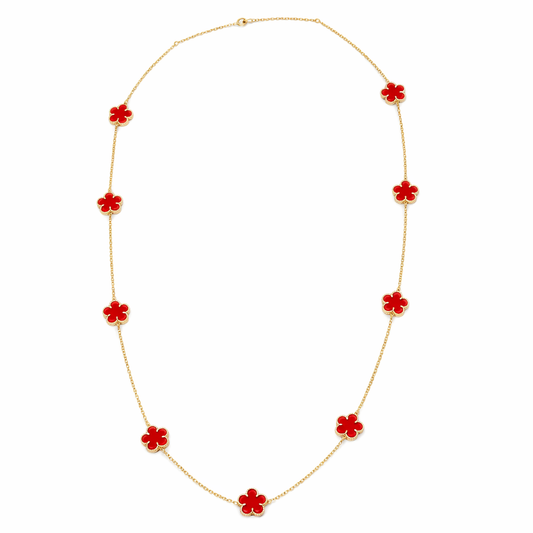 Carnelian Red Clover Station Necklace In Gold Tone