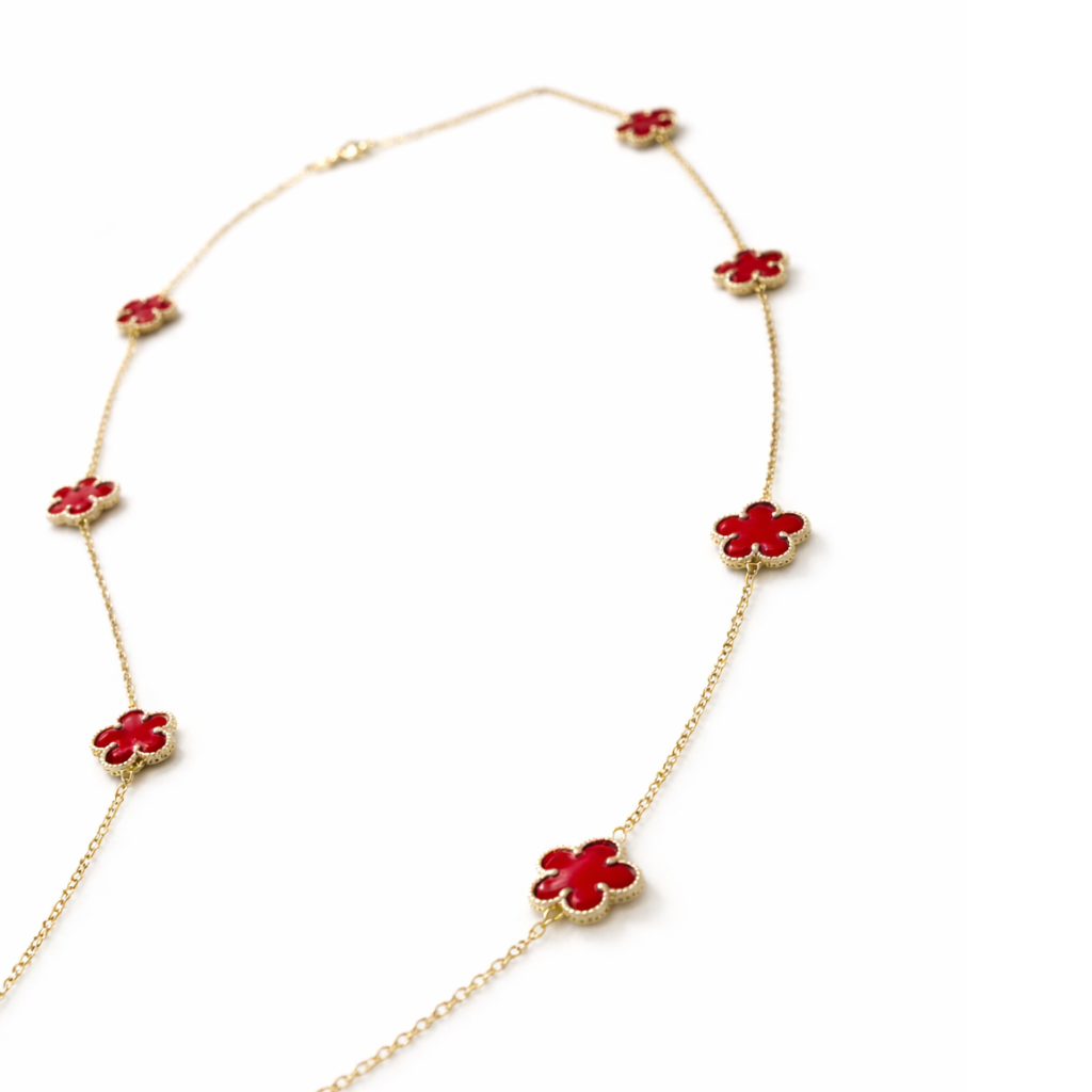 Carnelian Red Clover Station Necklace In Gold Tone