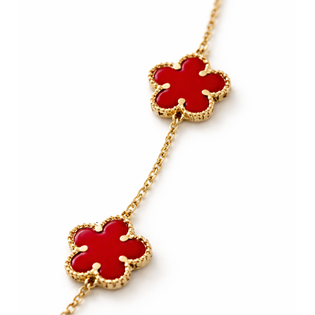 Carnelian Red Clover Station Necklace In Gold Tone
