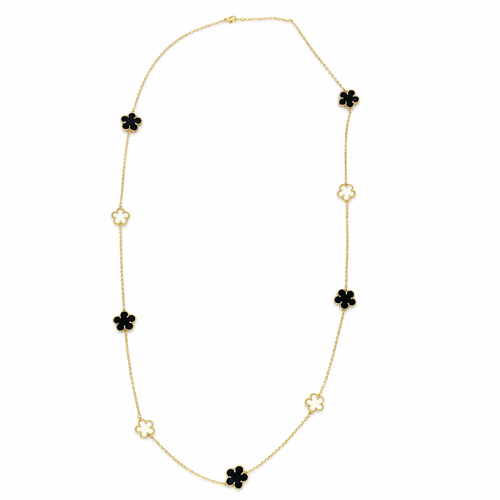 Gold Mother Of Pearl and Black Onyx Clover Long Necklace