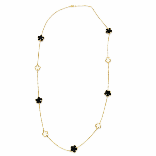 Gold Mother Of Pearl and Black Onyx Clover Long Necklace