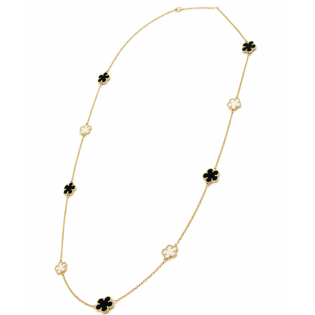 Gold Mother Of Pearl and Black Onyx Clover Long Necklace