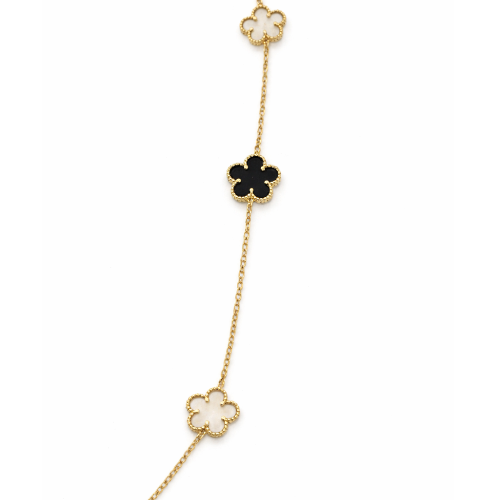 Gold Mother Of Pearl and Black Onyx Clover Long Necklace